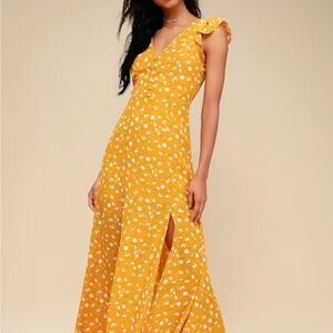Lulu's Mustard Yellow Floral Maxi Dress with Flutter Sleeves